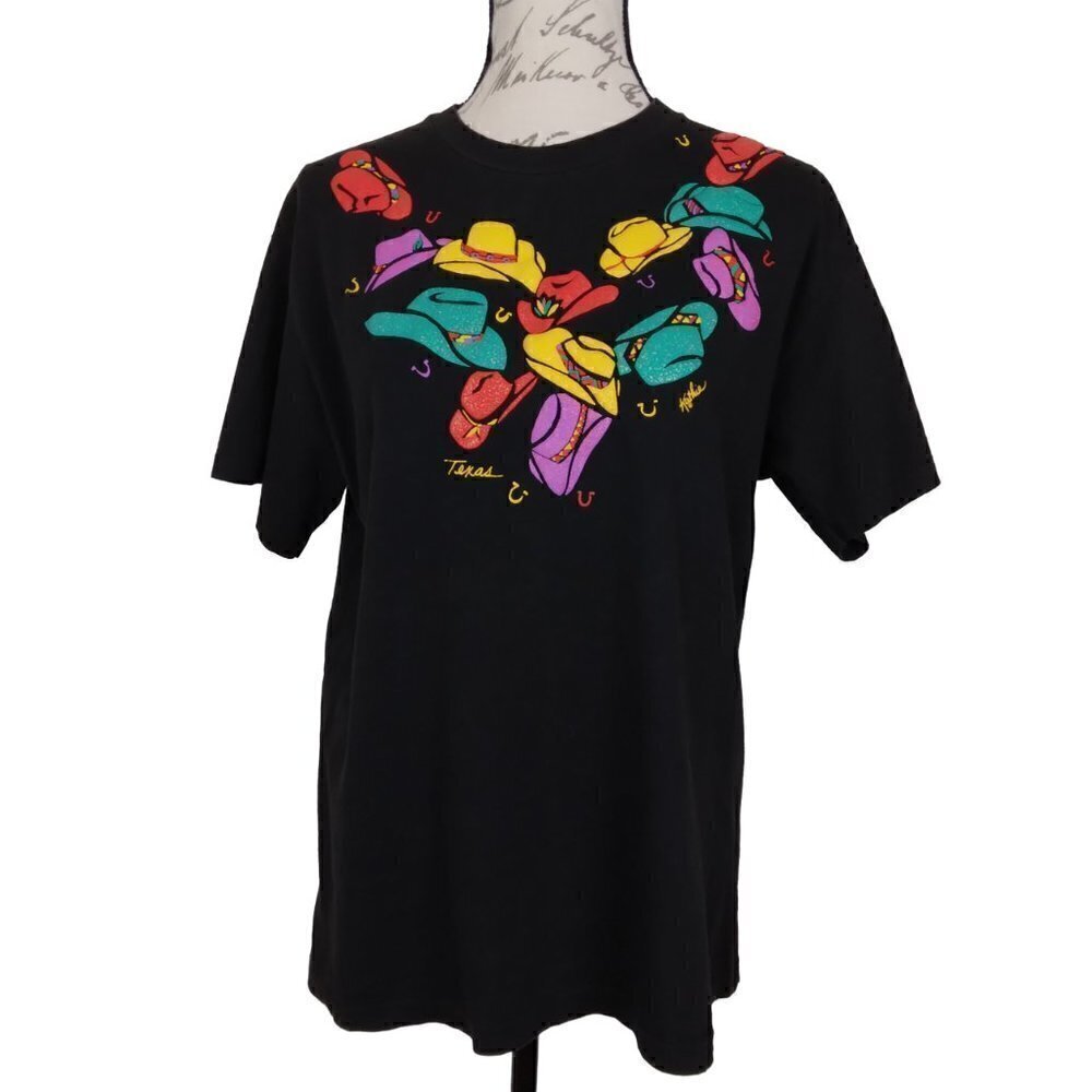 Vintage Black Single Stitch Cowboy Hat Tee Shirt | Size L